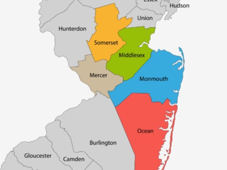 nj map highlighting, somerset, middlesex, mercer, monmouth, ocean county, NJ, terminator termite & pest management services
