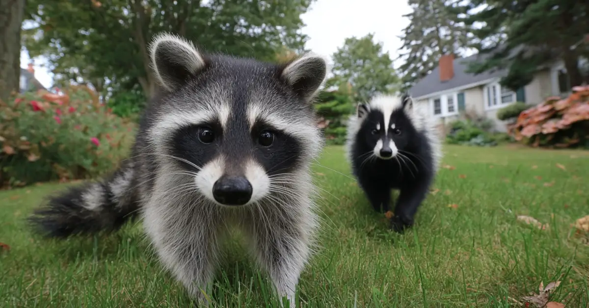raccoon walking and skunk walking behind