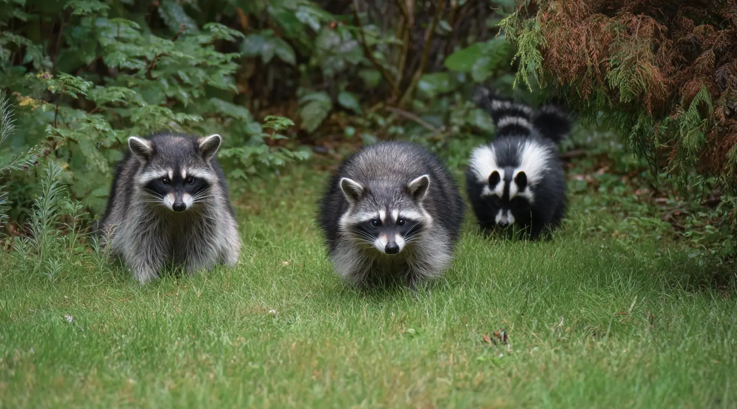 2 raccoons and a skunk walking on a lawn, concept of raccoon and skunk removal needed