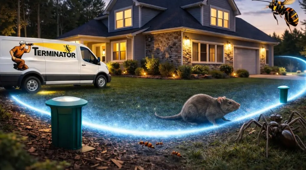 lighting outlining house, rat, Terminator Termite & Pest Managment Truck