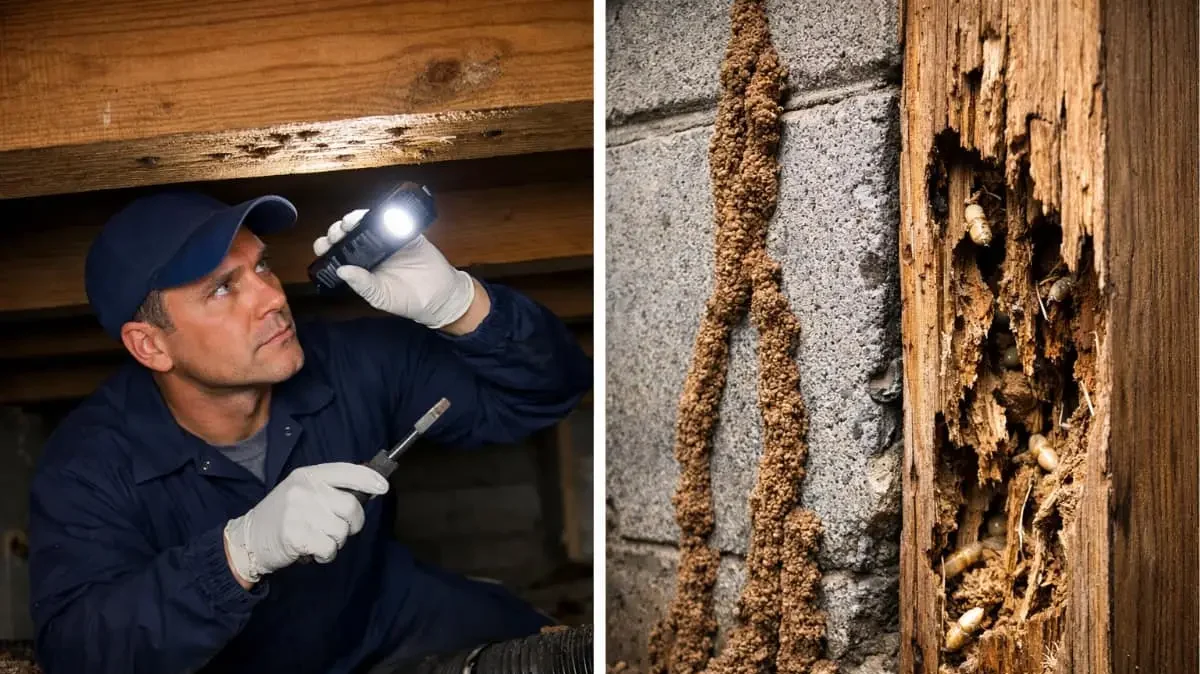 termite inspection and damage in focus