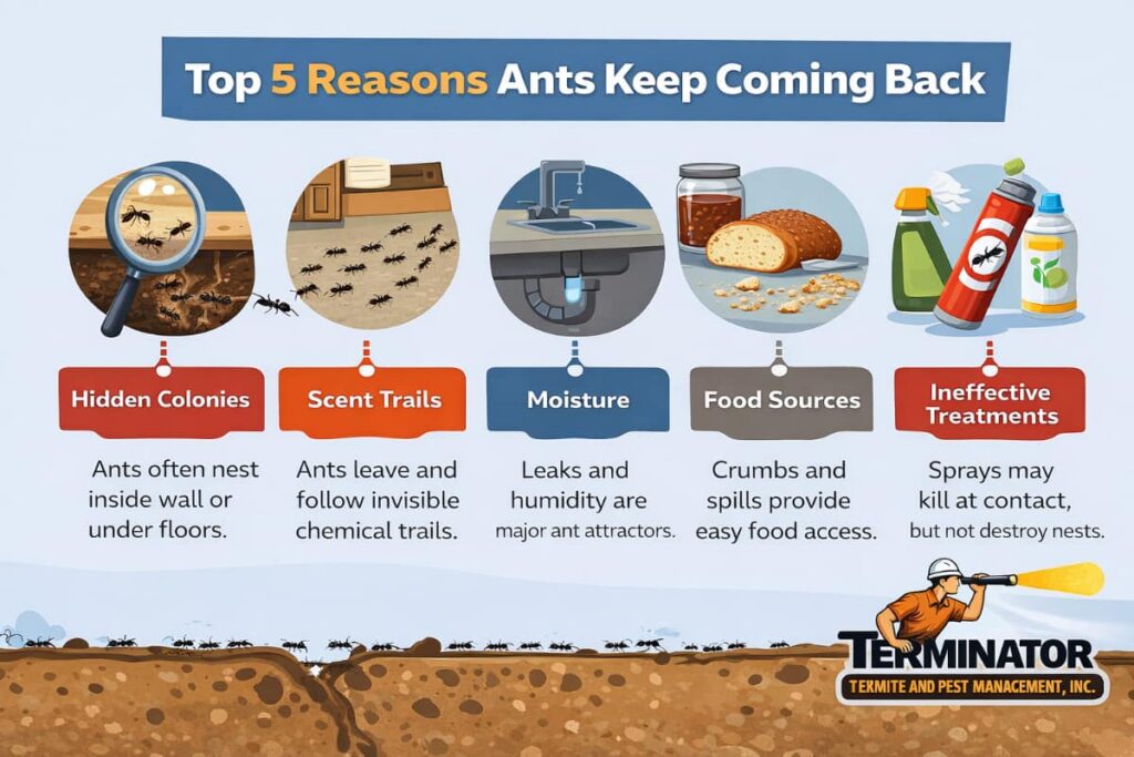infographic of the top 5 reasons ants keep coming back
