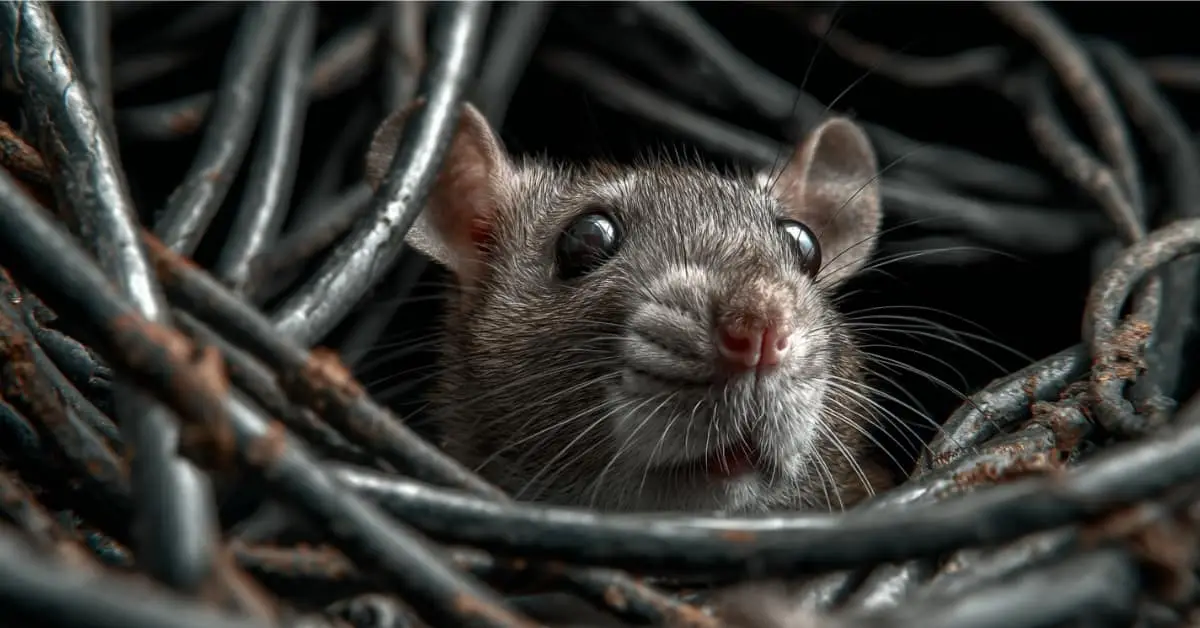 rodent between chewed wires, concept of Why Mice and Rats Are Dangerous to Your Home and Family