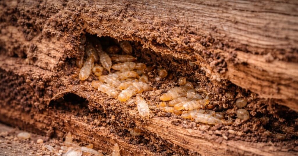 termites showing termite damage to wood and foundation