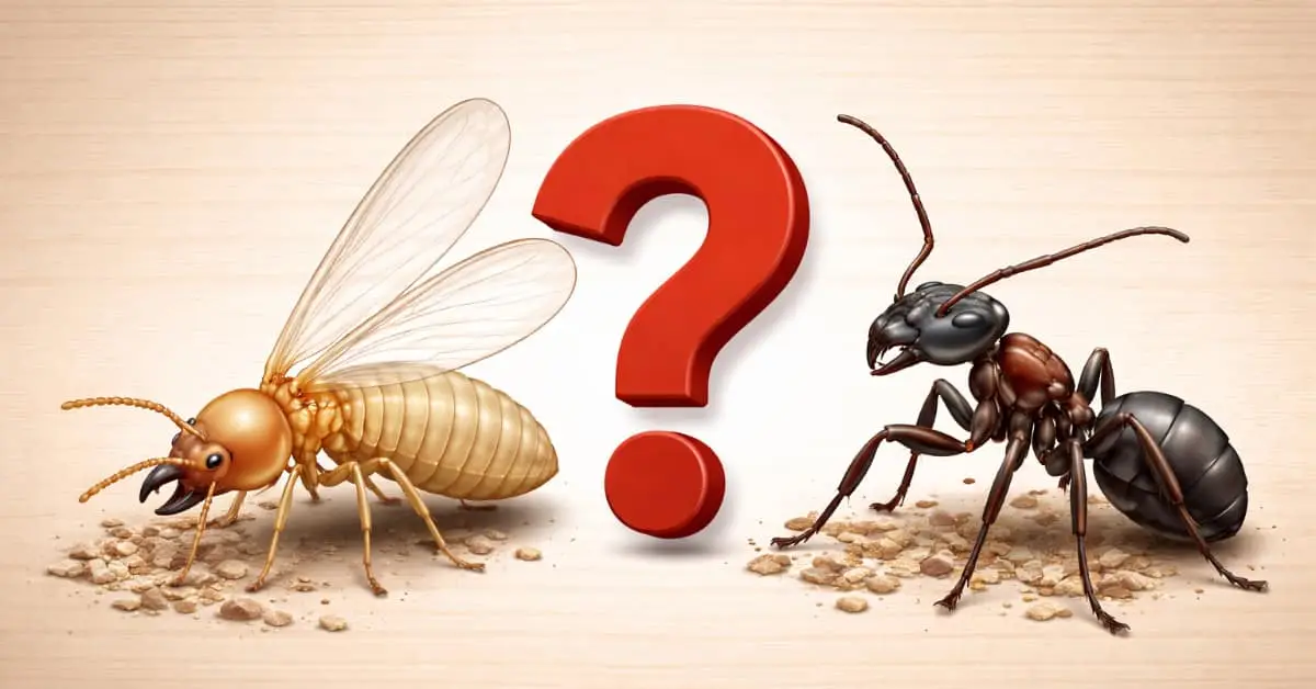 termite or carpenter ant with question mark inbetween concept of termites or ants
