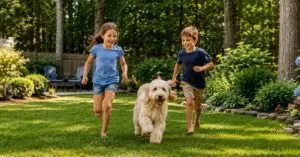 children in yard with dog, concept of nj gets more ticks than nearby states