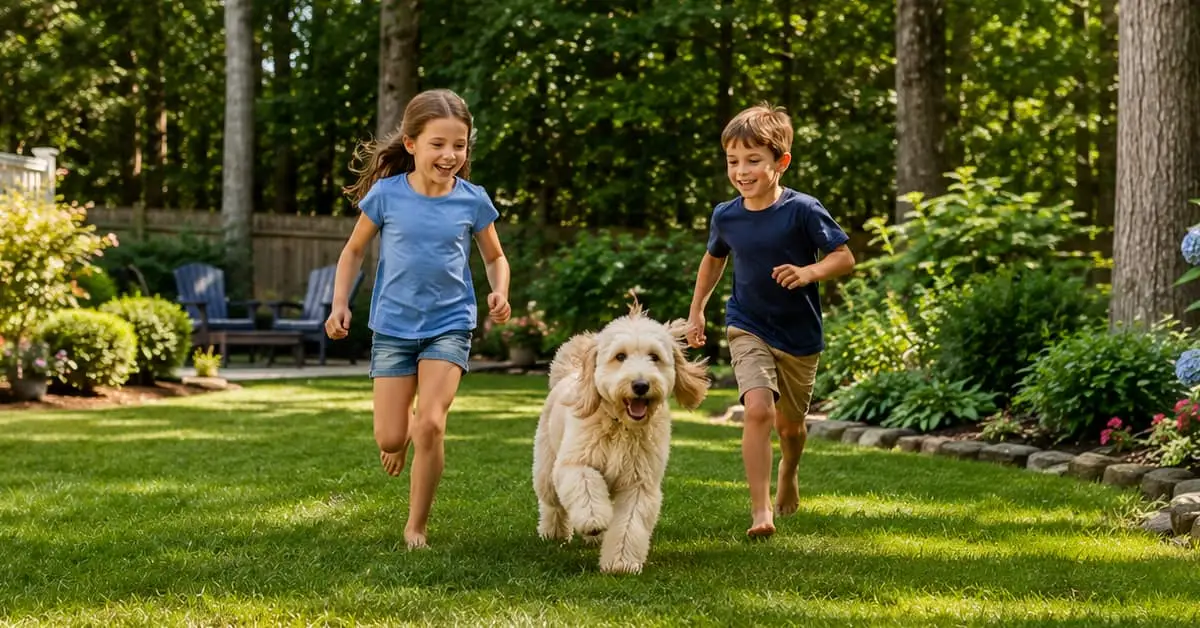 children in yard with dog, concept of nj gets more ticks than nearby states